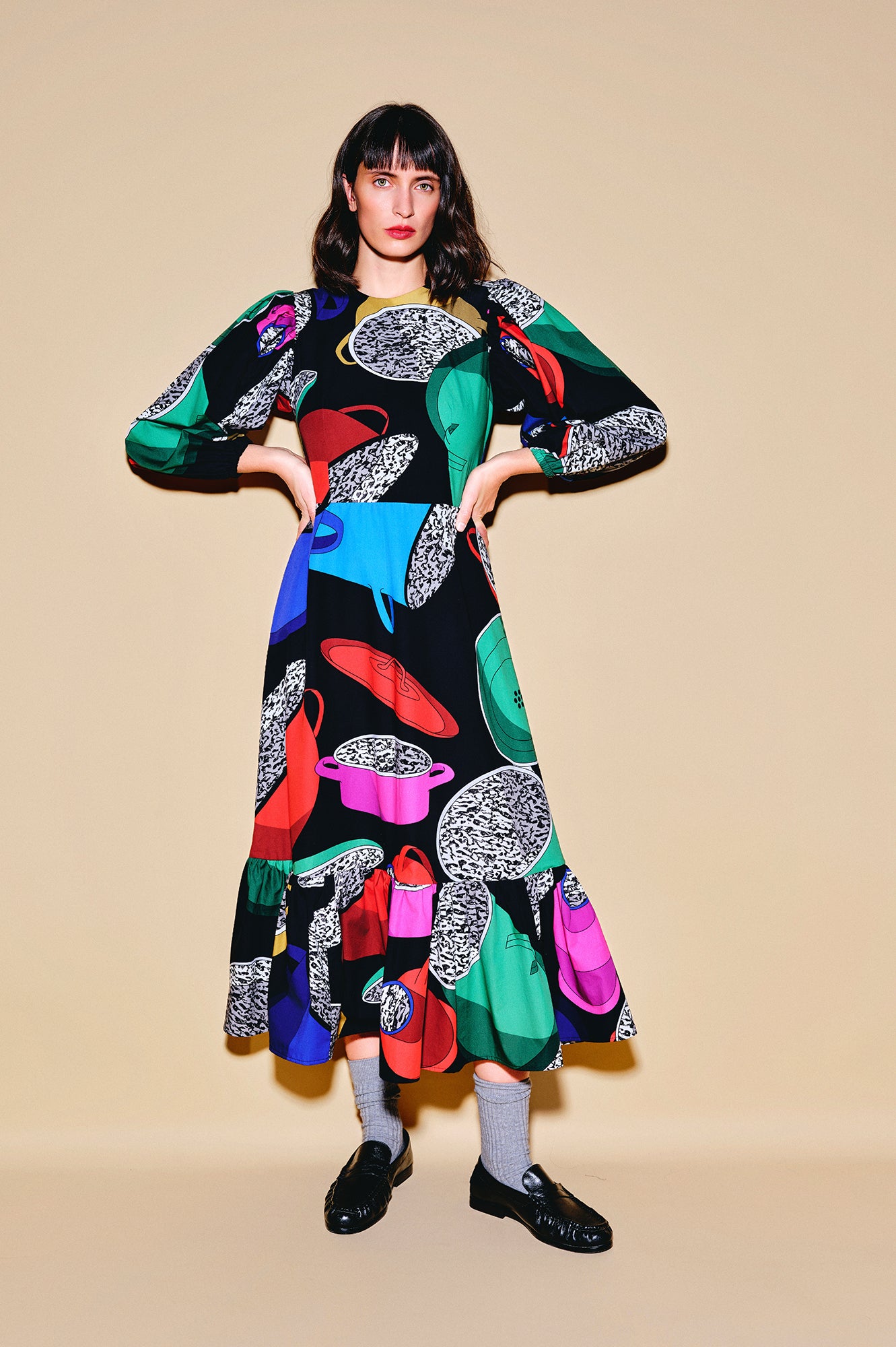 BEFOTT puff sleeve midi dress 'Paprika Pot'