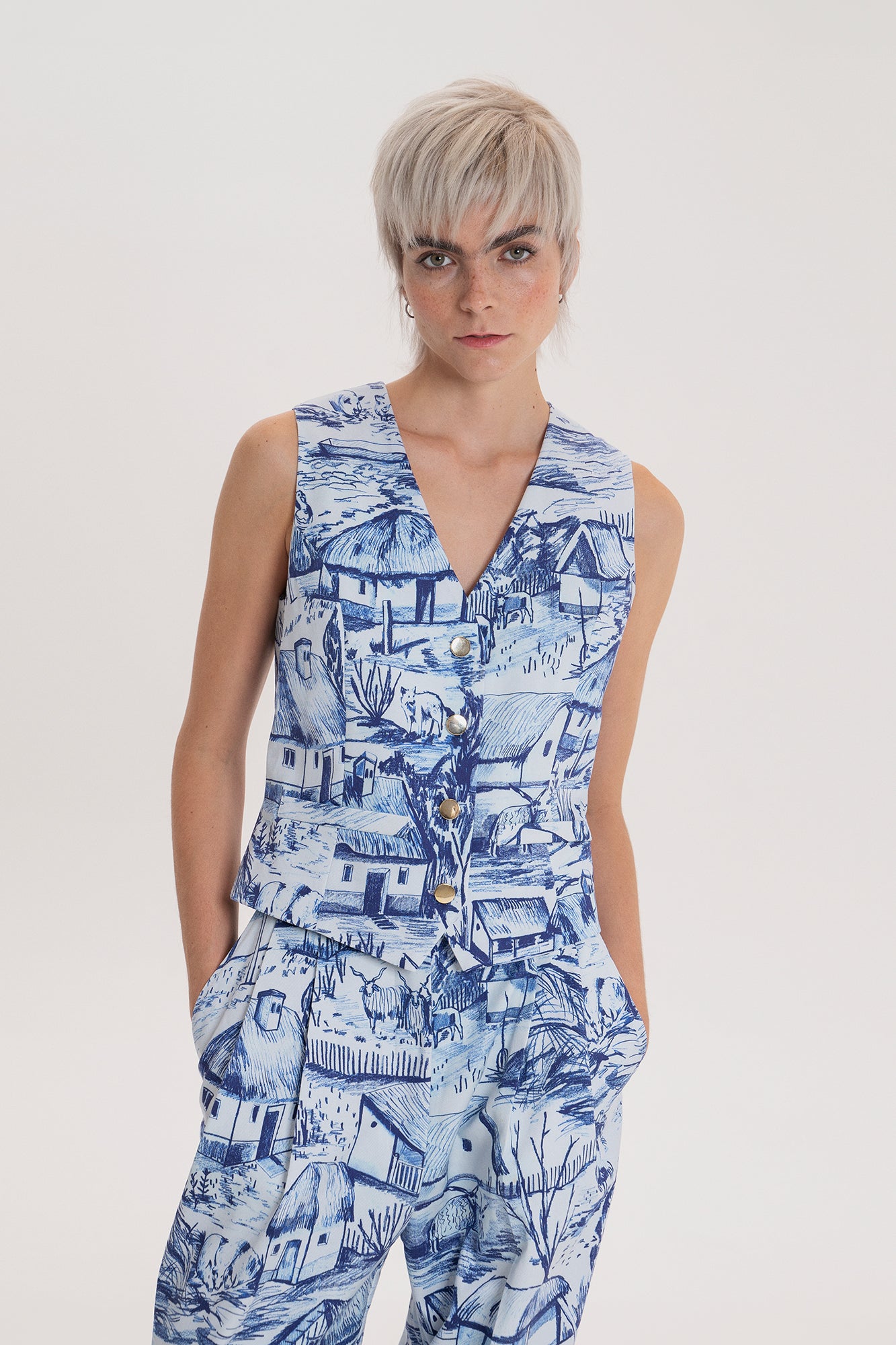 VELTELINI wide leg suit trousers 'Farm blue'