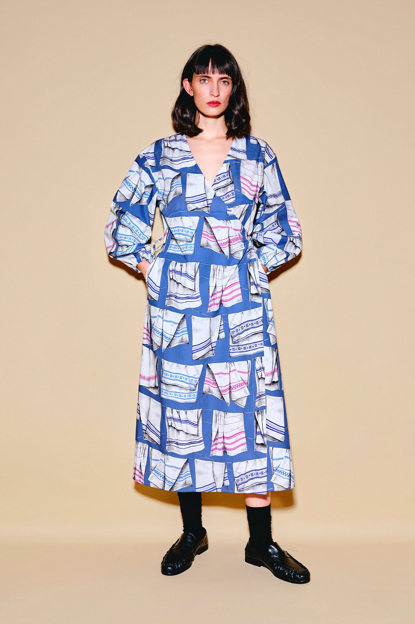 PASZULY wrap shirt dress 'Kitchen Towel Blue'