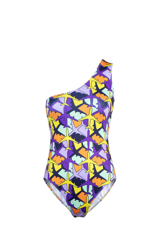 DELTA one-shoulder swimsuit 'airplanes'