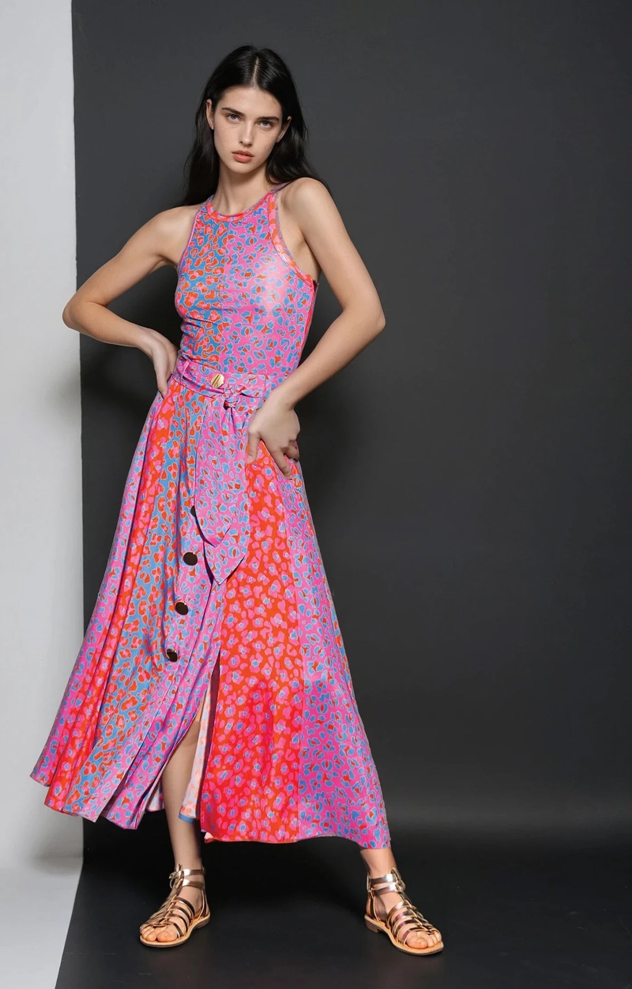 ABBAZIA button front slit skirt ‘Blossom cheetah’