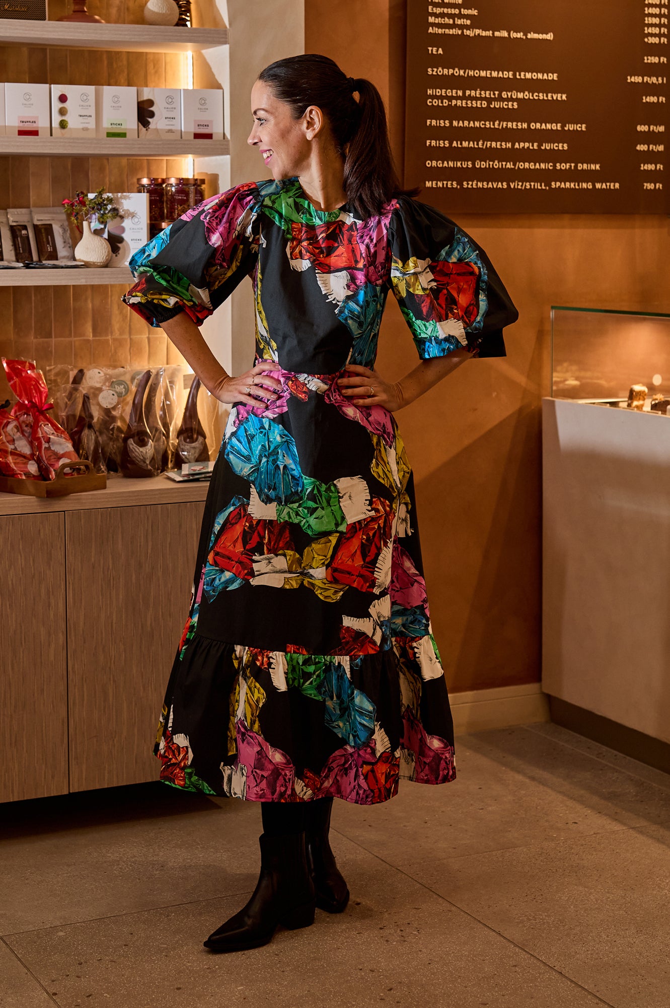 BEFOTT puff sleeve midi dress 'Holiday Candy'