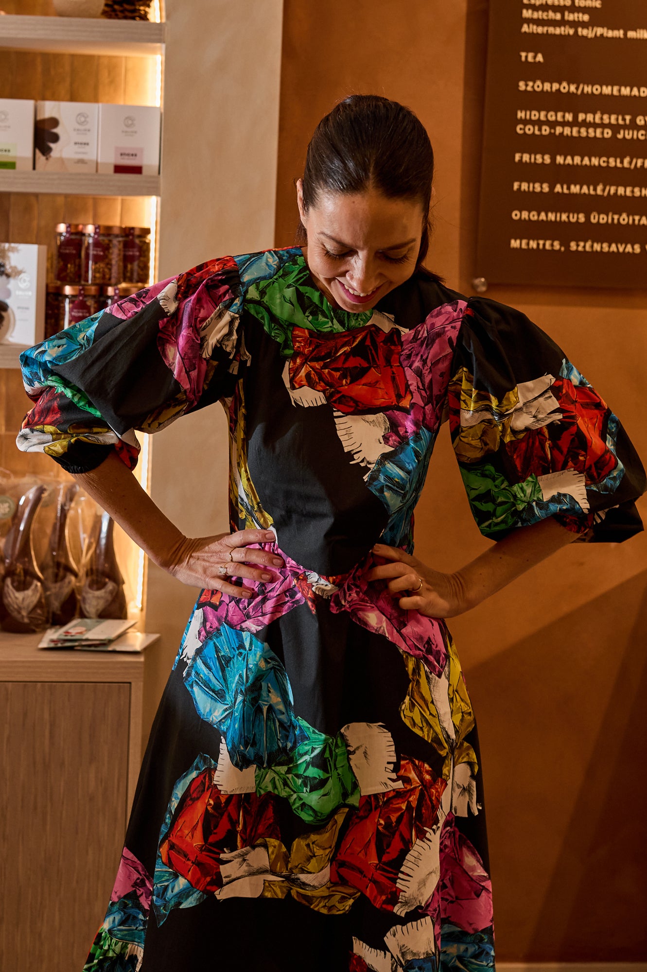 BEFOTT puff sleeve midi dress 'Holiday Candy'