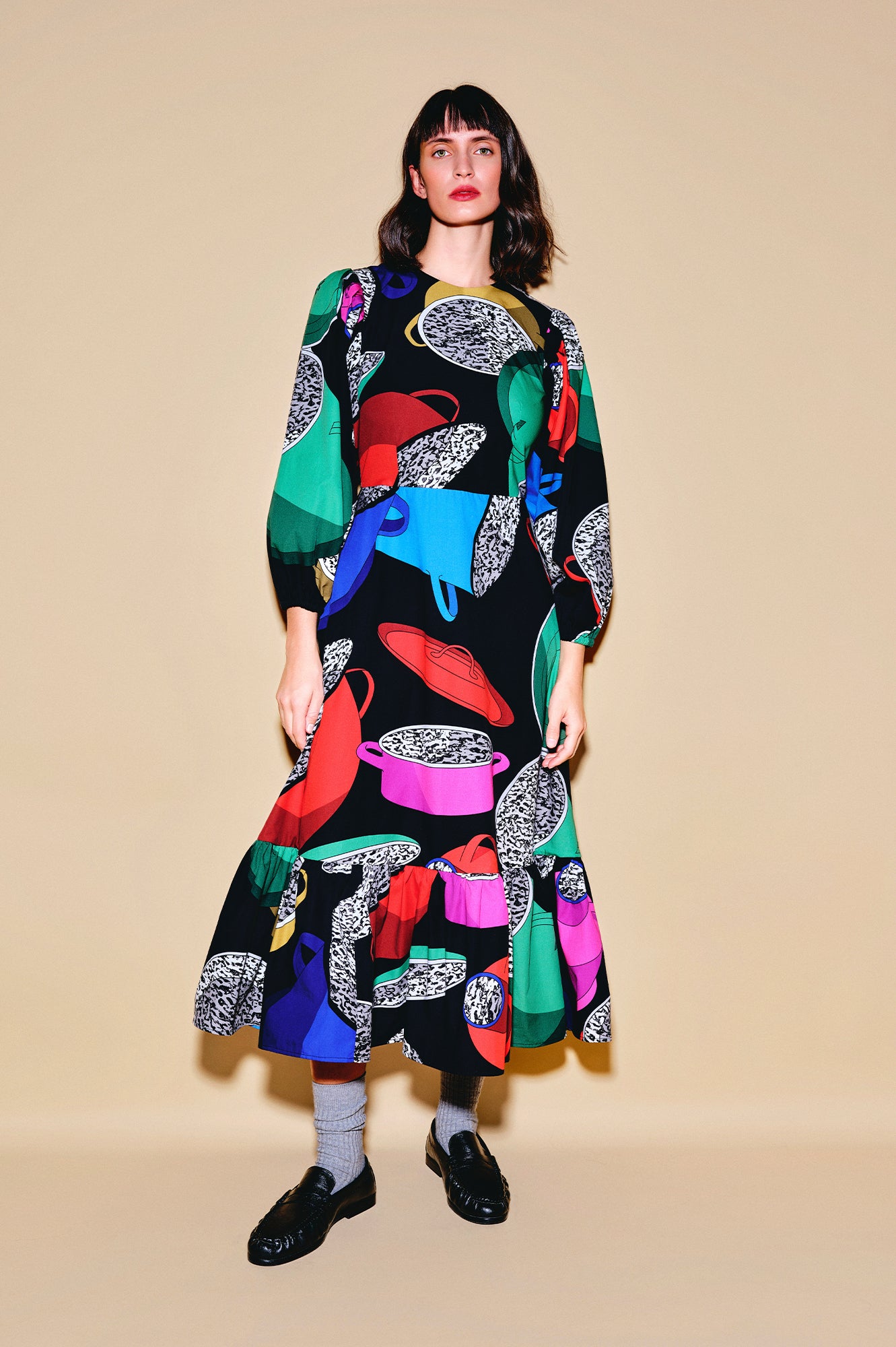 BEFOTT puff sleeve midi dress 'Paprika Pot'