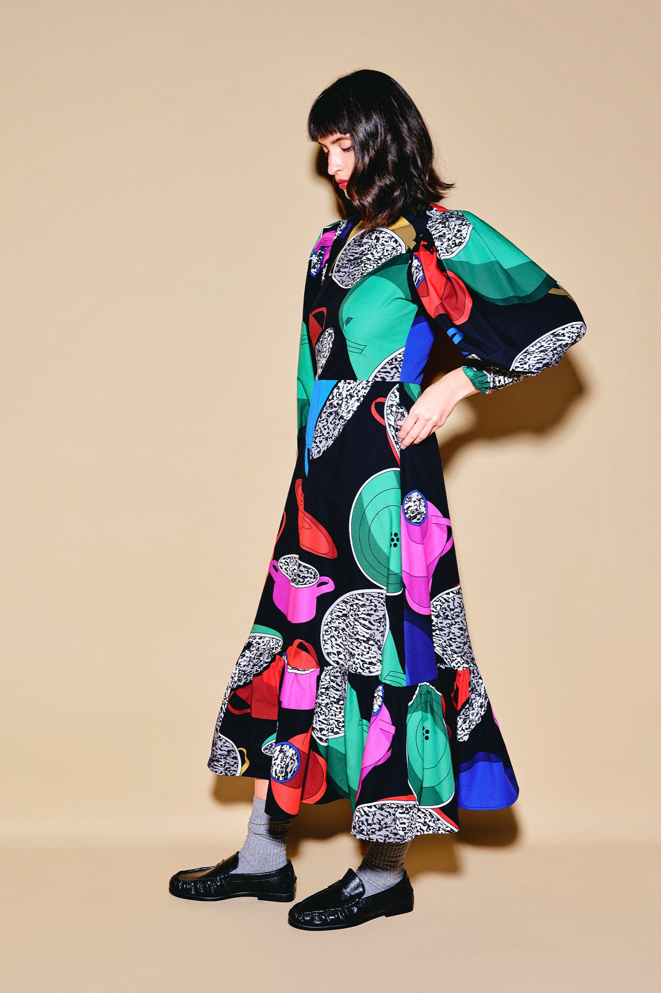 BEFOTT puff sleeve midi dress 'Paprika Pot'