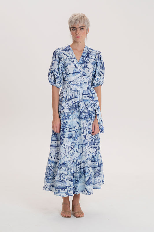 BARANYA ruffled wrap dress 'Farm blue'