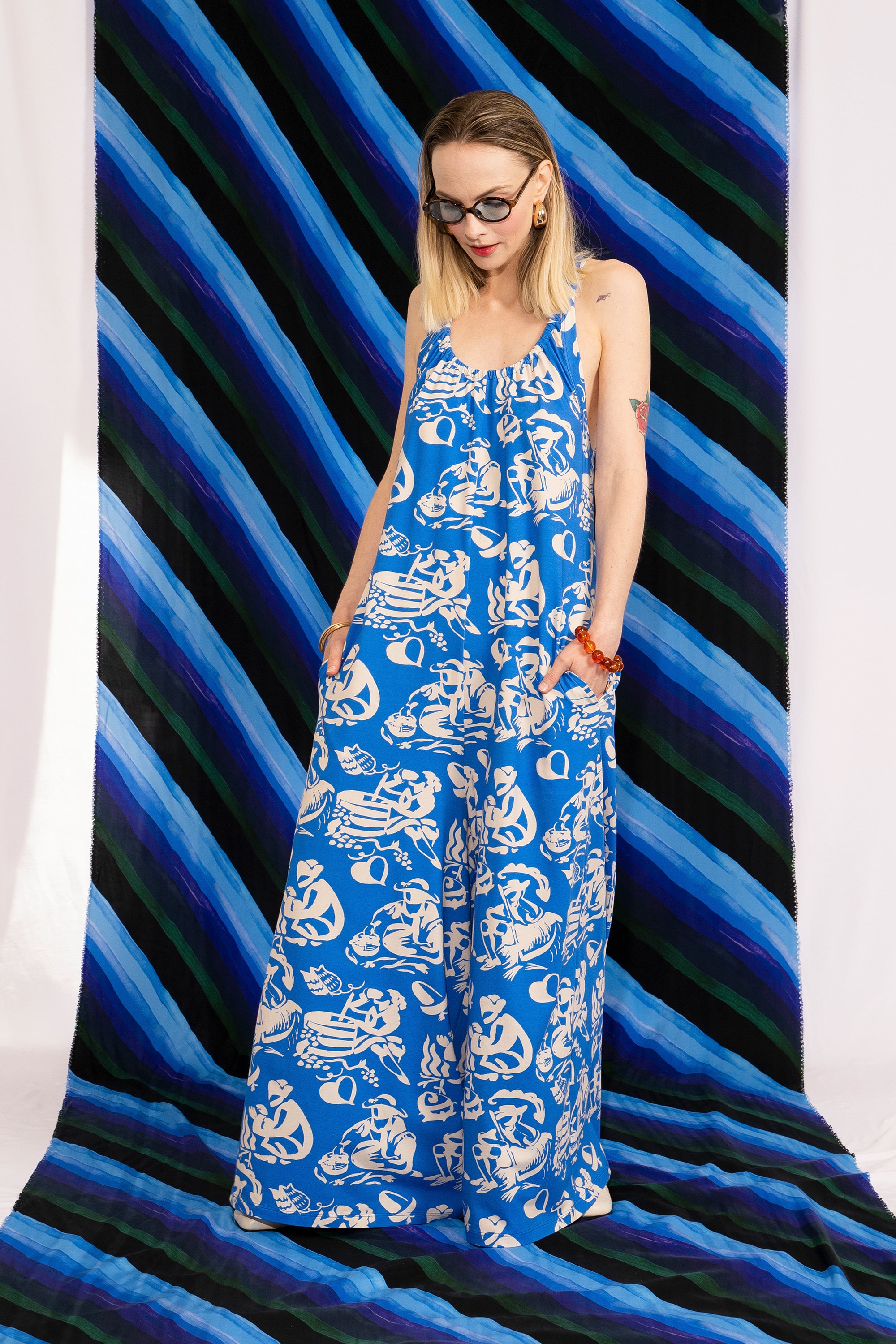 PIKO gathered jersey jumpsuit 'Seasons Blue'