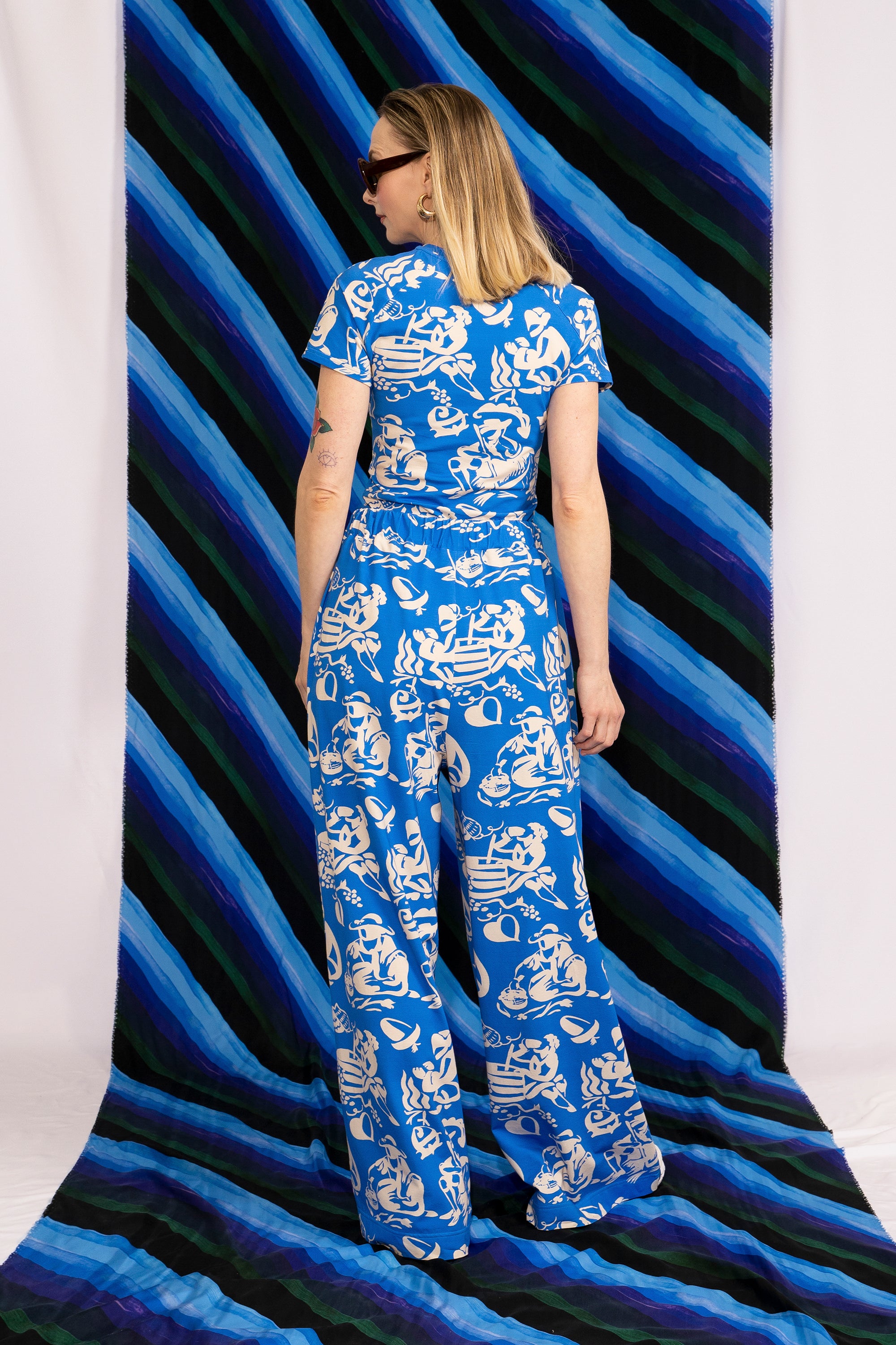 FERBLI jersey palazzo trousers ‘Seasons Blue'