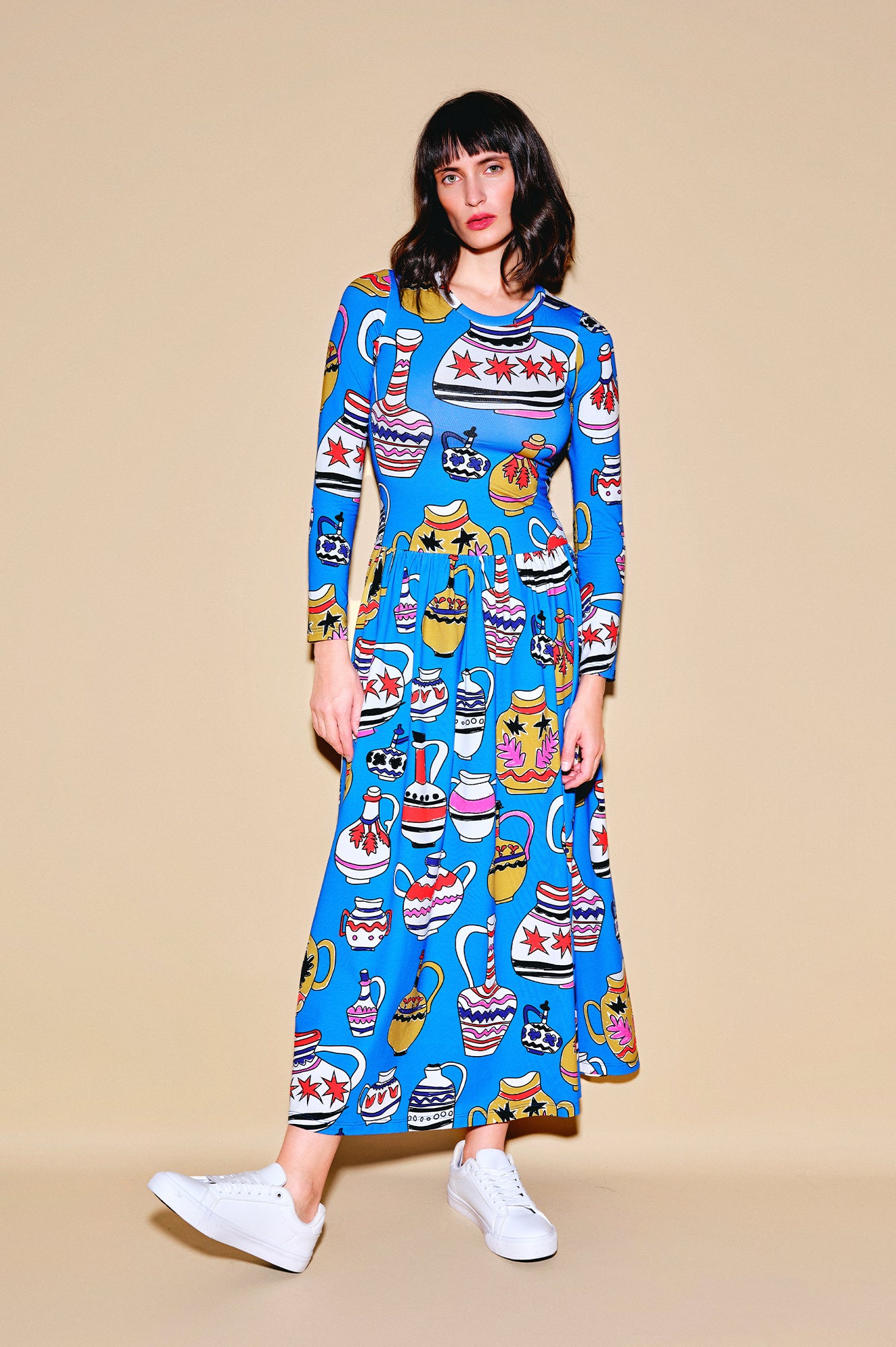 TEPSI drop waist midi dress 'Doodle Vases'
