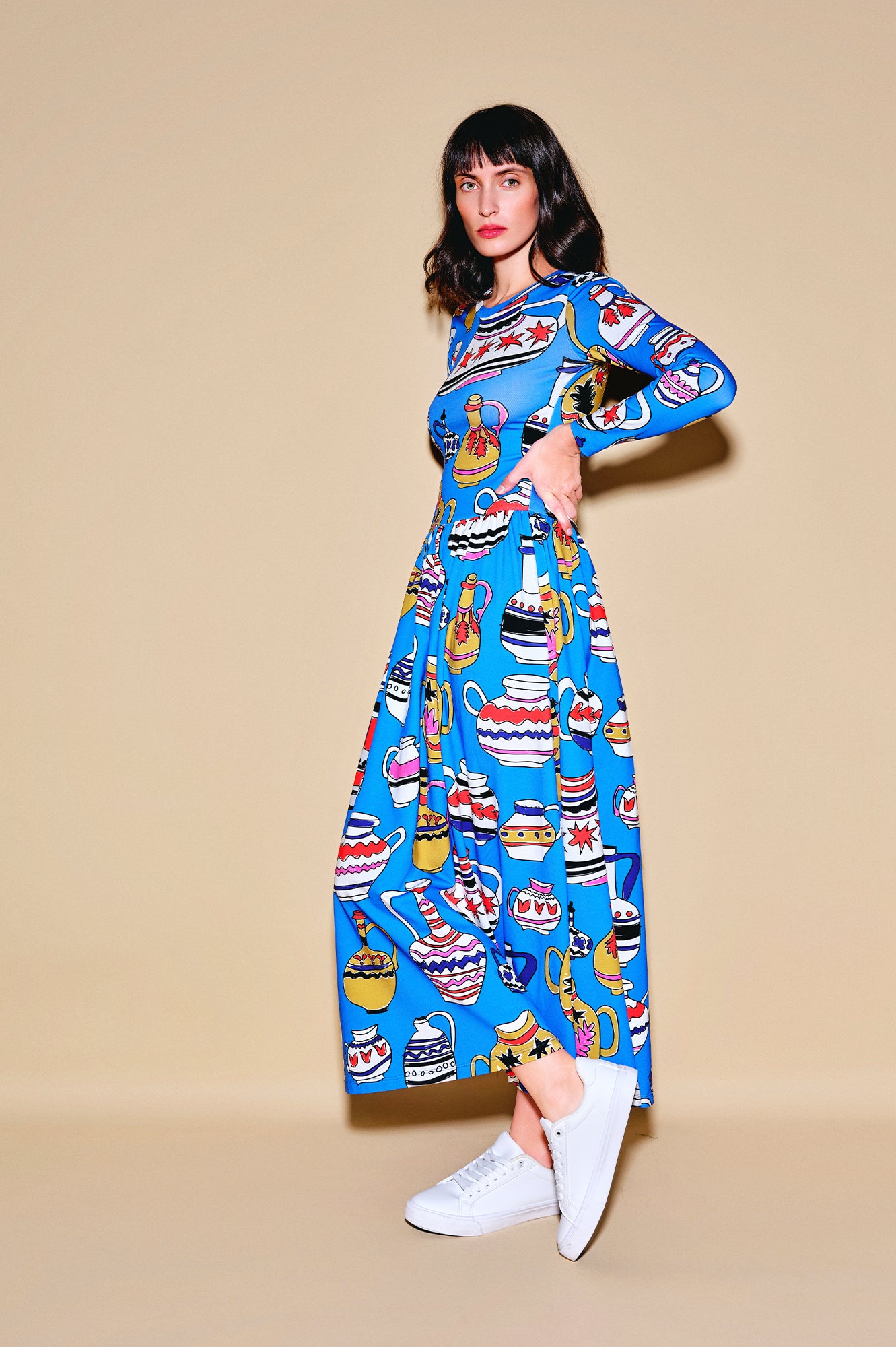 TEPSI drop waist midi dress 'Doodle Vases'