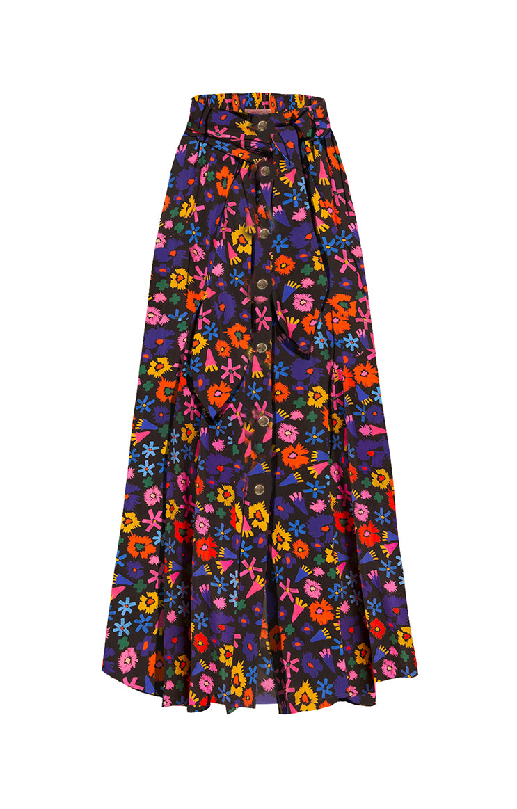 ABBAZIA button front slit skirt ‘Doodle Flower’