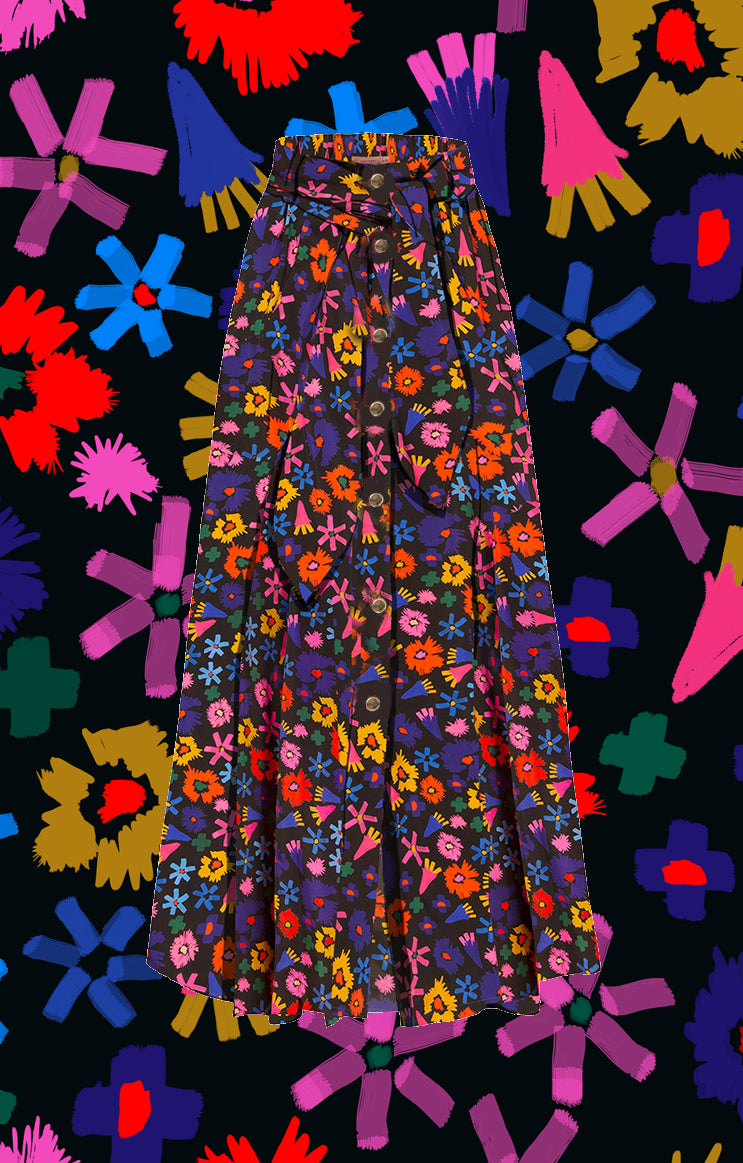 ABBAZIA button front slit skirt ‘doodle flower’