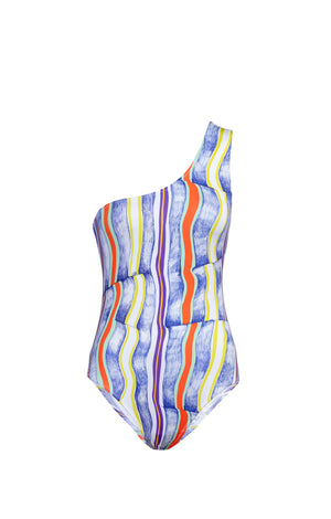 DELTA one-shoulder swimsuit 'stripes'