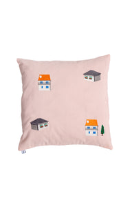 Decorative cushion with 'houses' embroidery