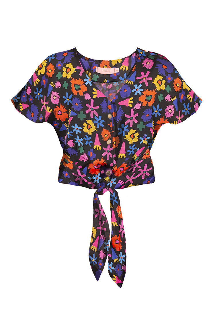 PALMA tie front button top ‘doodle flower’