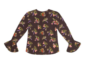 SVETLANA Lame Flower Print V neck Cone Sleeve  Top