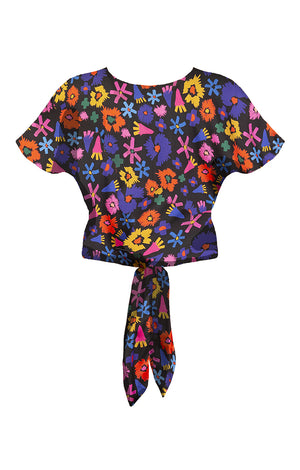 PALMA tie front button top ‘doodle flower’
